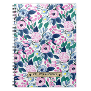 Sweet Pink Navy Blume Watercolor Gold Monogram Notizblock