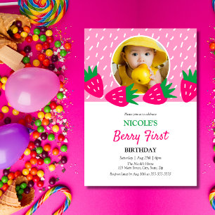 Sweet Pink Niedlich Strawberry Girl Foto 1. Geburt Einladung