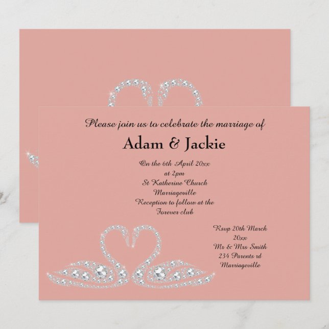 SWEET PINK PEACH SWAN ELEGANT WEDING EINLADUNG (Vorne/Hinten)