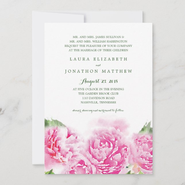 Sweet Pink Peonies Wasserfarbe | Hochzeit Einladung (Vorderseite)