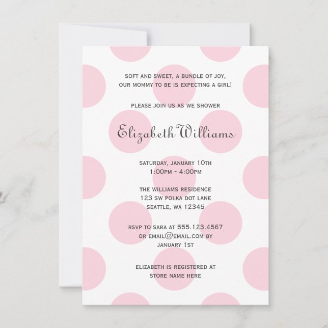 Sweet Pink Polka Dots Baby Girl Dusche Einladung (Vorderseite)