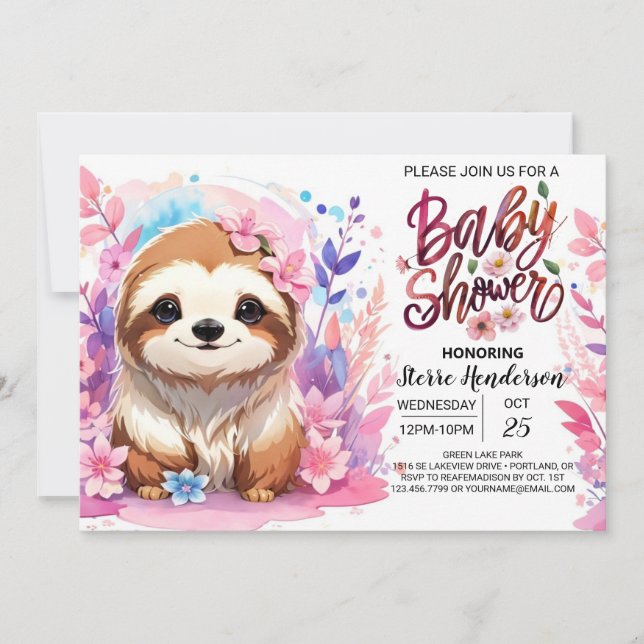 Sweet Pink Sloth Baby Dusche Einladung (Vorderseite)
