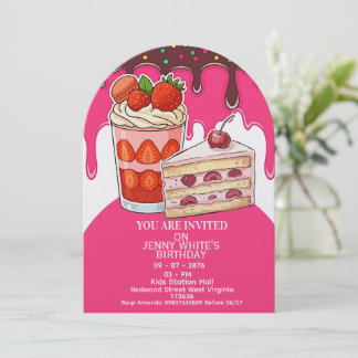 Sweet Pink Strawberry  Cake Themed kids Einladung