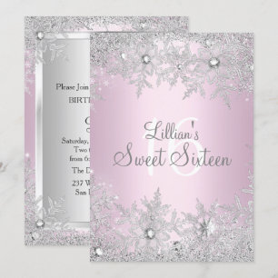 Sweet Pink Sweet 16 Snowflake Winter Wonderland Einladung