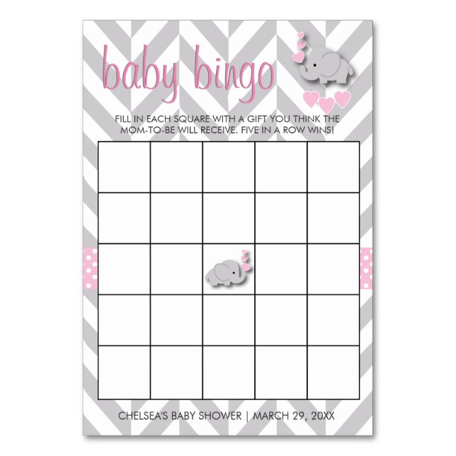 Sweet Pink und Gray Elephant Baby Shower Bingo Tischnummer (Vorderseite)
