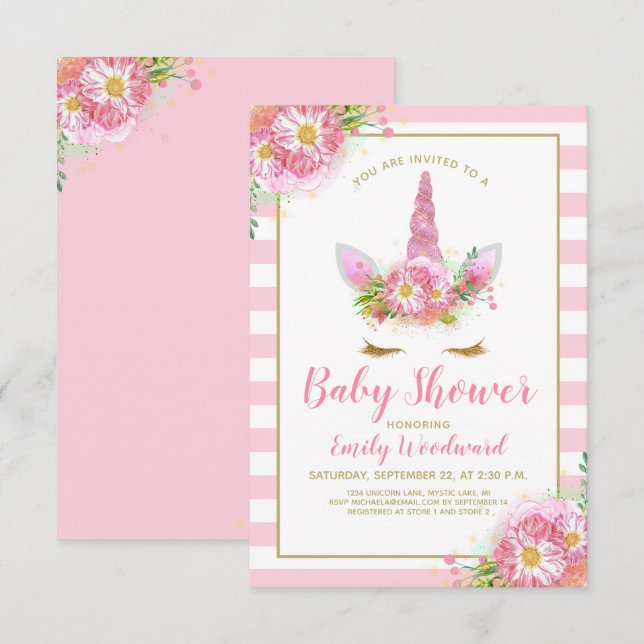 Sweet Pink Unicorn Gesicht Kinderdusche Einladung (Vorne/Hinten)