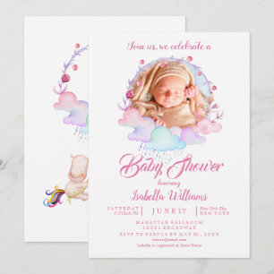 Sweet Pink Watercolor Girl Foto Babydusche Einladung