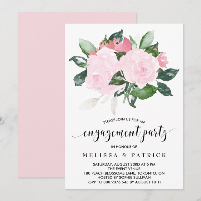 Sweet Pink Watercolor Rose Engagement Party Einladung (Vorne/Hinten)