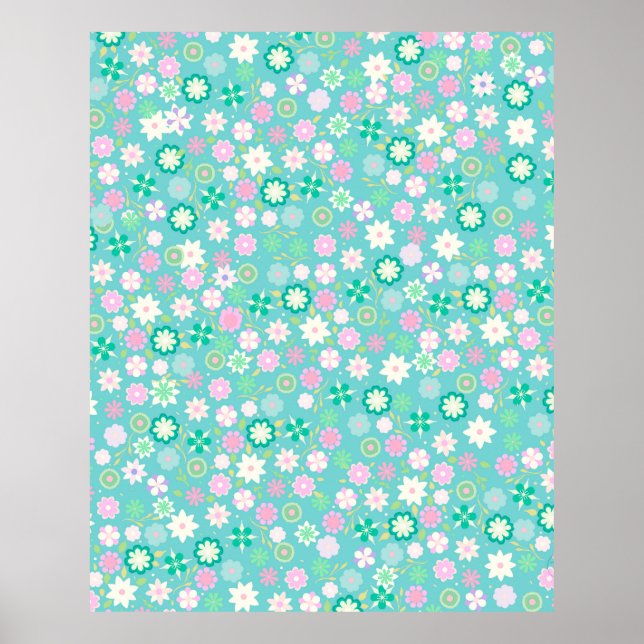 Sweet Pink White Aquamarin Ditsy Floral Pattern Poster (Vorne)