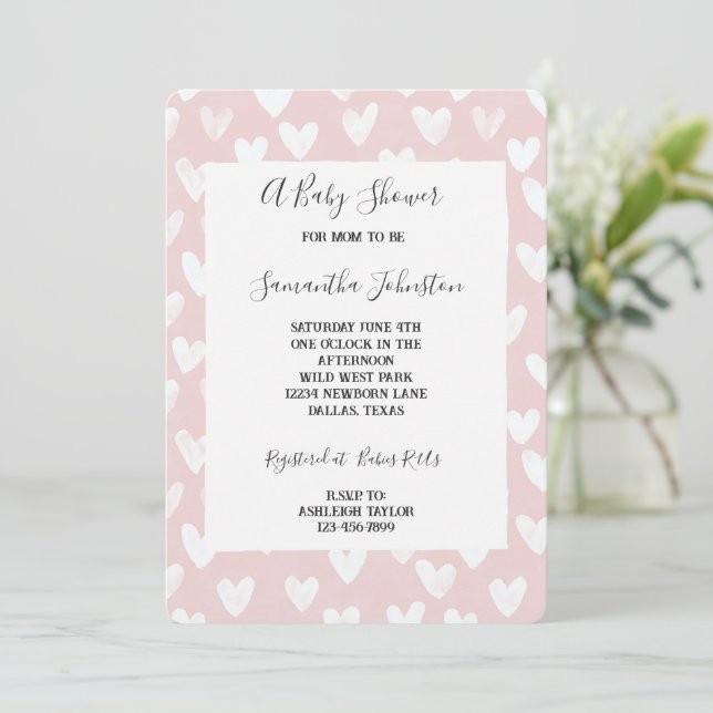 Sweet Pink White Hearts Baby Shower Einladung (Stehend Vorderseite)