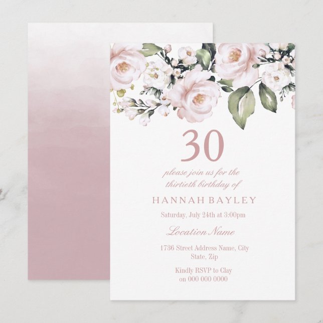 Sweet Pink White Roses Modern 30. Geburtstag Einladung (Vorne/Hinten)