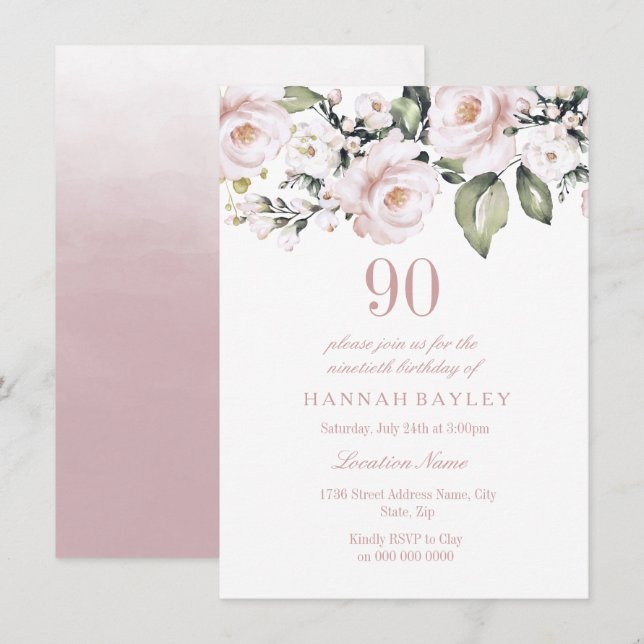 Sweet Pink White Roses Modern Ninetieth Birthday Einladung (Vorne/Hinten)