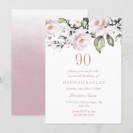 Sweet Pink White Roses Modern Ninetieth Birthday Einladung