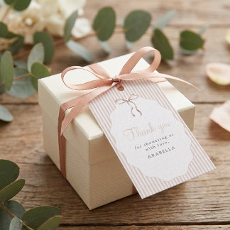 Sweet Pinstriped Beige Bow Baby Shower Thank You Geschenkanhänger