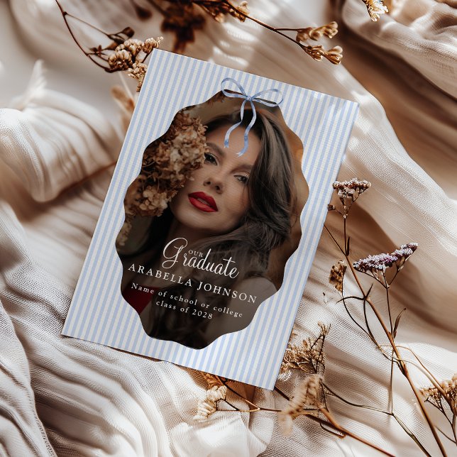 Sweet Pinstriped Blue Bow Photo Graduation Ankündigung (Von Creator hochgeladen)