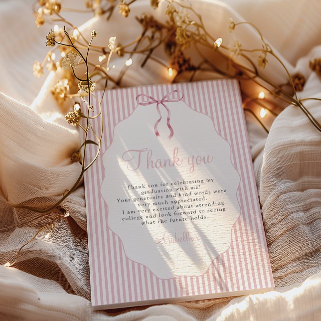 Sweet Pinstriped Pink Bow Graduation Dankeskarte (Von Creator hochgeladen)