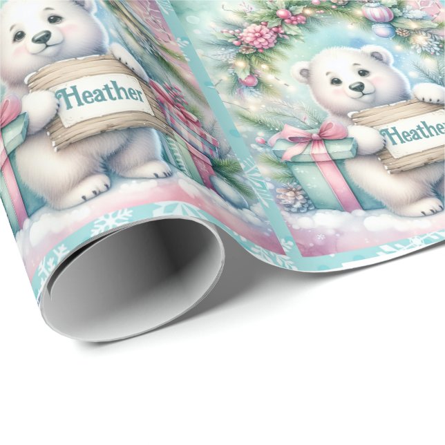 Sweet Polar Bear Personalize Name Christmas Roll Geschenkpapier (Rolleneckpunkt)