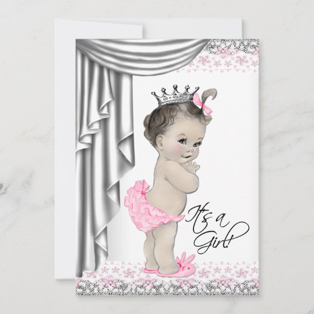 Sweet Princess Pink und Gray Baby Girl Dusche Einladung (Vorderseite)