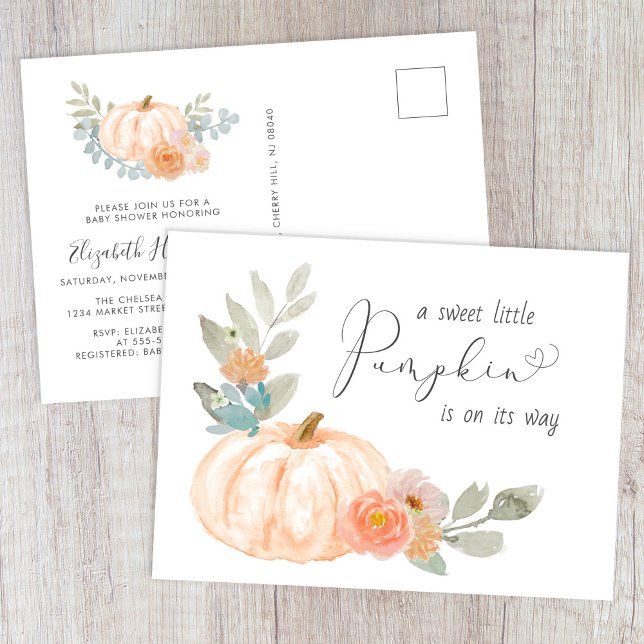 Sweet Pumpkin Watercolor Kinderdusche Einladungspostkarte (Von Creator hochgeladen)