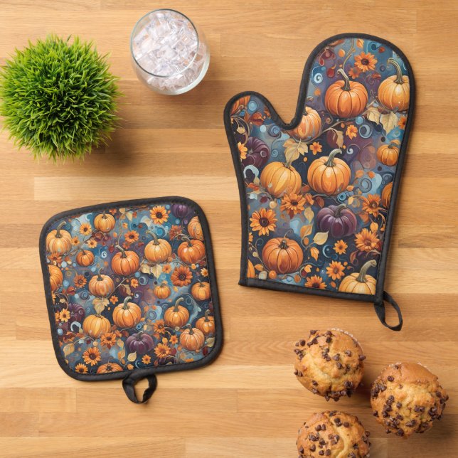 Sweet Pumpkins Fall Pattern Ofenhandschuh & Topflappen-Set (Oben Unten)