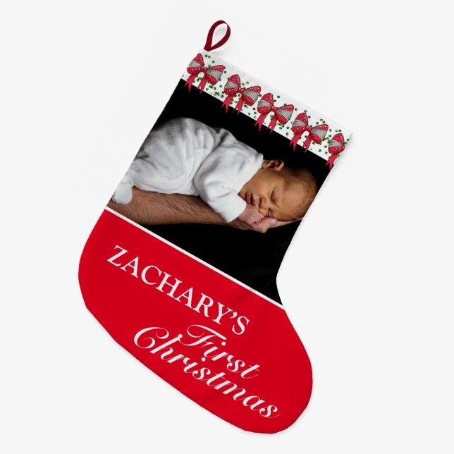 Sweet Red Baby's First Christmas Foto Großer Weihnachtsstrumpf (Vorderansicht (hängend))