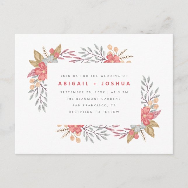 Sweet Red Blume & Foliage Frame Wedding Einladungspostkarte (Vorderseite)