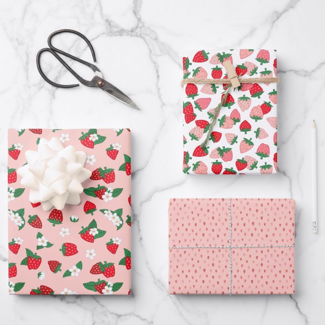 Sweet Red Pink Erdbeeren Weiße Blume Muster Geschenkpapier Set (Vorderseite)