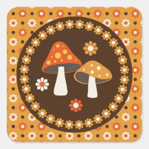 Sweet Retro Pilze und Blume Quadratischer Aufkleber