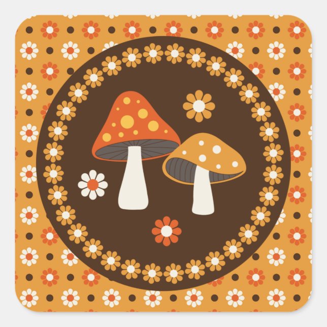 Sweet Retro Pilze und Blume Quadratischer Aufkleber (Vorderseite)