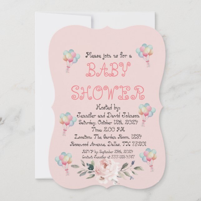 Sweet Rose Balloon Babydusche Einladung (Vorderseite)