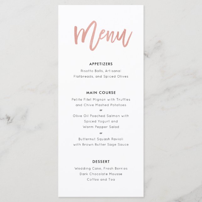 Sweet Rose Gold Moderne Princess Wedding Menu Menükarte (Vorderseite)