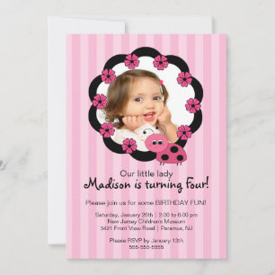Sweet Rose Ladybug Photo Invitation Anniversaire