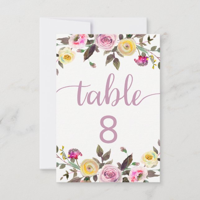 Sweet Rose Watercolor Floral Hochzeit Tischnummern (Vorderseite)