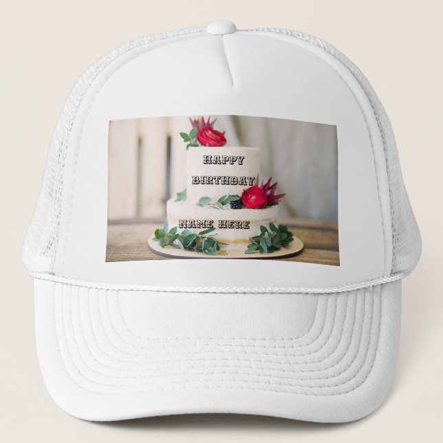 Sweet Rote Rose Cake mit Happy Birthday Name Hier Truckerkappe (Vorderseite)
