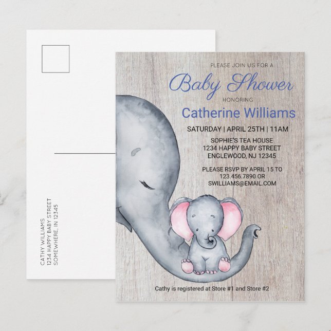 Sweet Rustic Elephant Blue Boy Baby Dusche einlade Einladungspostkarte (Vorne/Hinten)