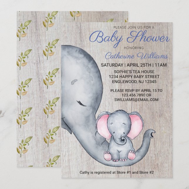Sweet Rustic Elephant Blue Boy Baby Dusche Einladung (Vorne/Hinten)