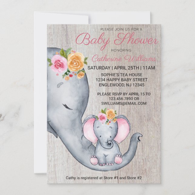 Sweet Rustic Elephant Pink Floral Girl Babydusche Einladung (Vorderseite)