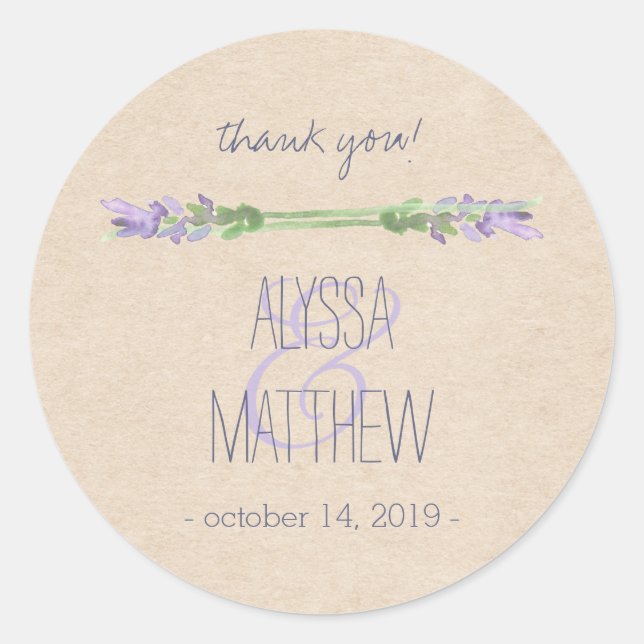 Sweet Rustic Lila Lavendel on Kraft Look Wedding Runder Aufkleber (Vorderseite)