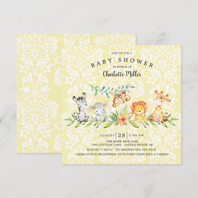 Sweet Safari Animals Gender Neutral Baby Dusche Einladung (Vorne/Hinten)