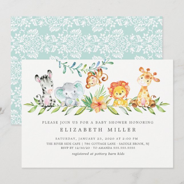 Sweet Safari Animals Neutral Baby Dusche Einladung (Vorne/Hinten)