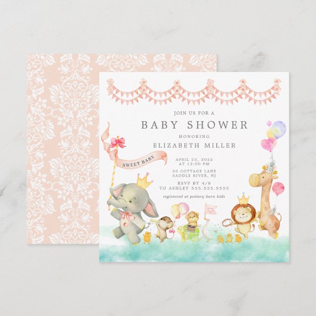 Sweet Safari Animals Parade Kinderdusche Einladung (Vorne/Hinten)