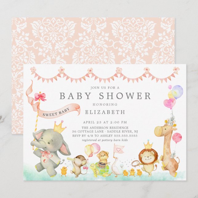 Sweet Safari Animals Parade Kinderdusche Einladung (Vorne/Hinten)