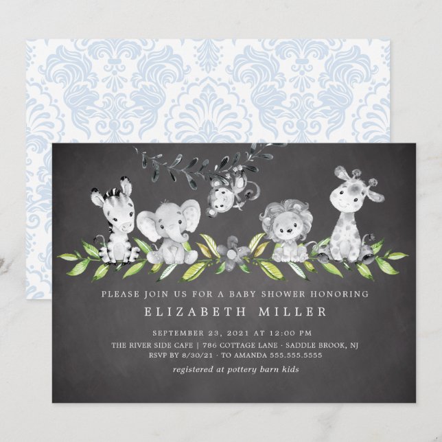 Sweet Safari Animaux garçon Baby shower Invitation (Devant / Derrière)