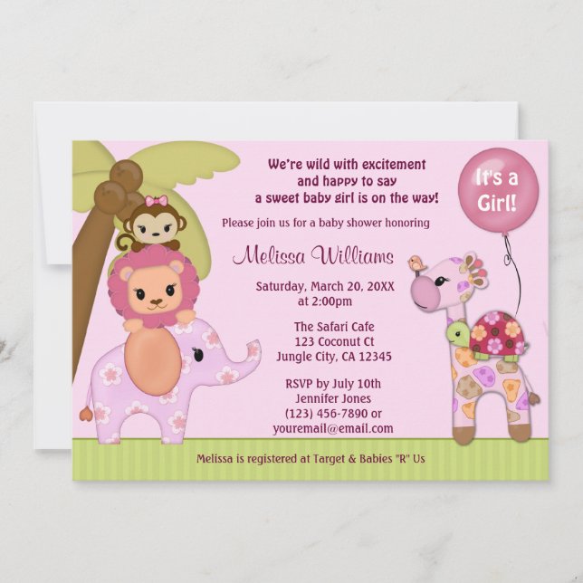 Sweet Safari Baby Dusche Einladung Dschungelmädche (Vorderseite)