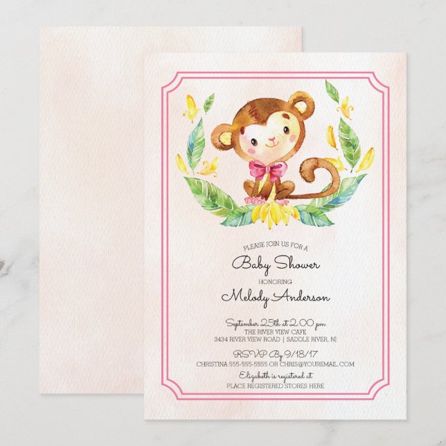 Sweet Safari Monkey Girls Babydusche Einladung (Vorne/Hinten)