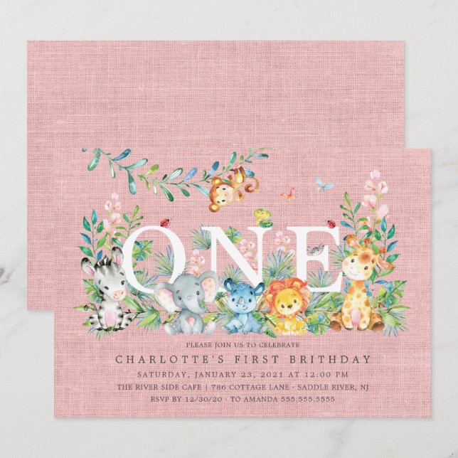 Sweet Safari ONE Girls 1st Birthday Invitation (Devant / Derrière)