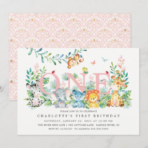 Sweet Safari ONE Girls 1st Birthday Invitation
