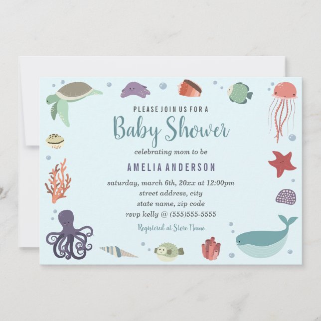Sweet Sea Creatures Coral Blue Baby Shower Einladung (Vorderseite)