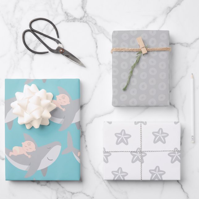 Sweet Shark Baby Dusche Packpapier Blatt Set (Vorderseite)