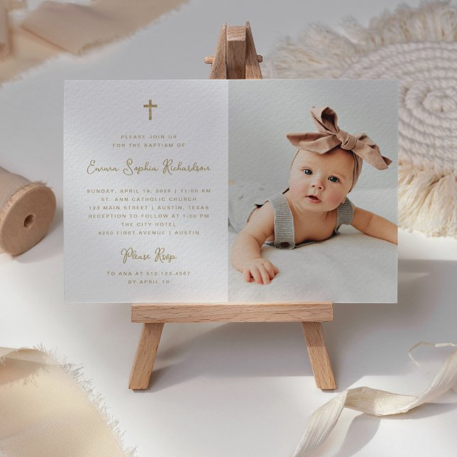 Sweet Simple | Imitate Gold mit Foto Taufe Einladung (A sweet and whimsical Baptism invitation with photo and faux gold cross)